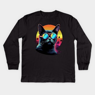 Retro Wave Abyssinian Cat Shirt Kids Long Sleeve T-Shirt